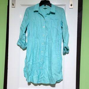 Love Linen J. Jill Aqua Blue Button-Up Shirt Dress Sz Small